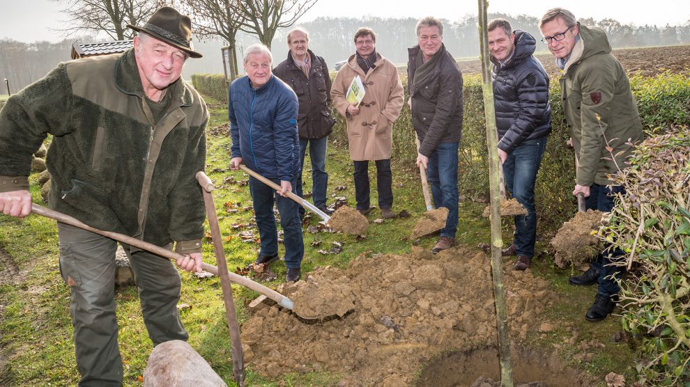 Zur Pflanzaktion am Kreuz auf dem Hohn versammelten sich Matthias Berstermann, Gerd Vobbe, Hermann Lammers, Udo Stangier, Hubert Pohlmann, Guido Pott und Bürgermeister Otto Steinkamp (von links) mit dem passenden Werkzeug an der Linde. Foto: Gemeinde Wallenhorst / Thomas Remme