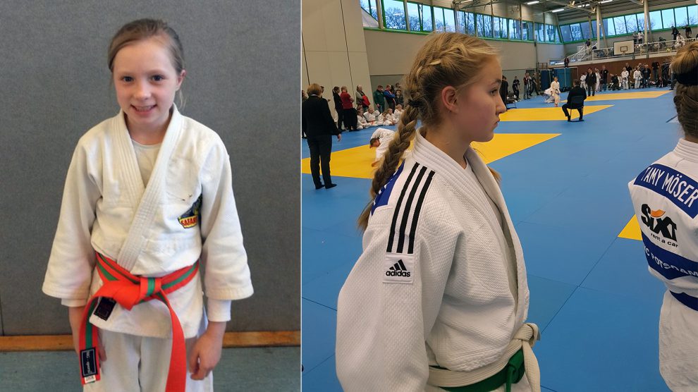 Ella und Jule beim diesjährigen Crocodiles Cup mit rund 700 Teilnehmern. Fotos: Blau-Weiss Hollage Judoabteilung