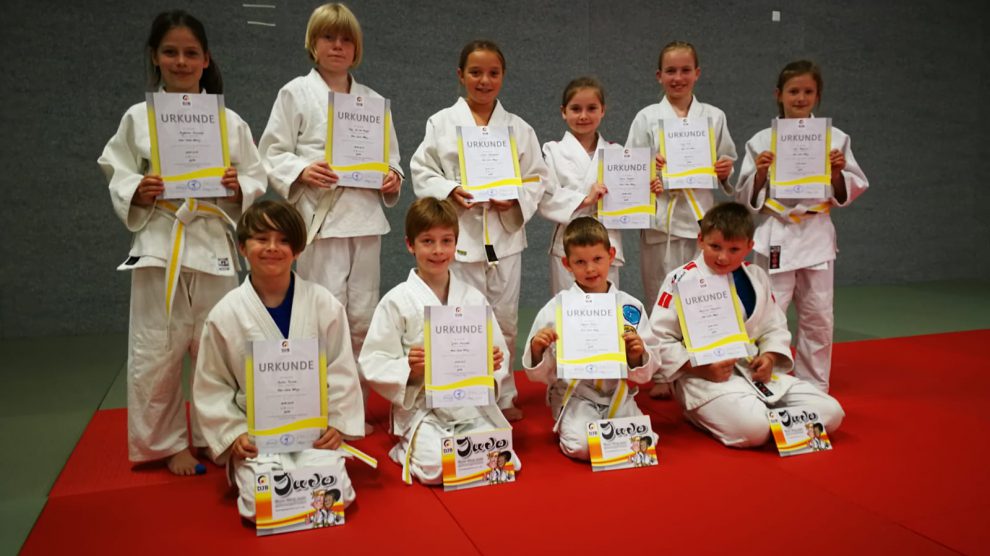 Die erfolgreichen jungen Judoka nach ihrer bestandenen Gürtelprüfung. Foto: Blau-Weiss Hollage