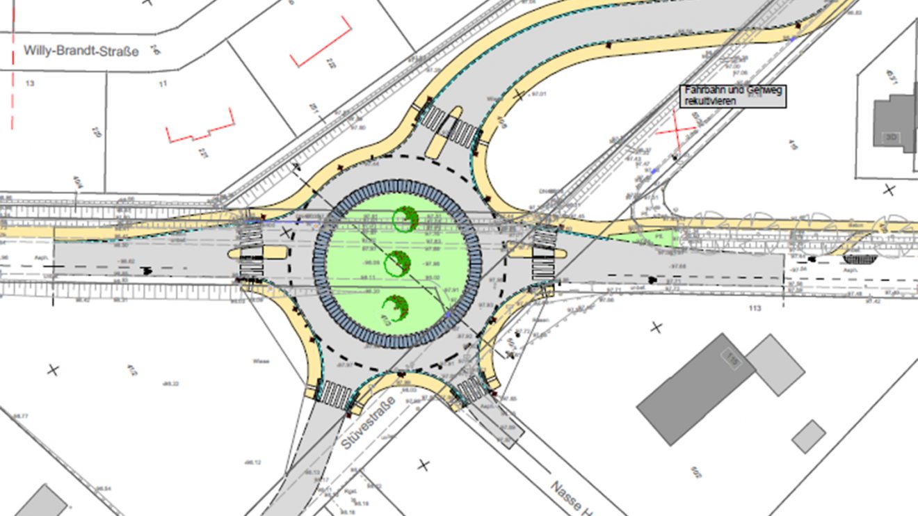 Der Kreisverkehr ist als innerörtlicher Kreisel geplant. Das bedeutet, in allen fünf Zufahrten zum Kreisel werden Fußgängerüberwege angelegt und die Radfahrer werden auf der Fahrbahn geführt und haben Vorfahrt. Foto: Gemeinde Wallenhorst