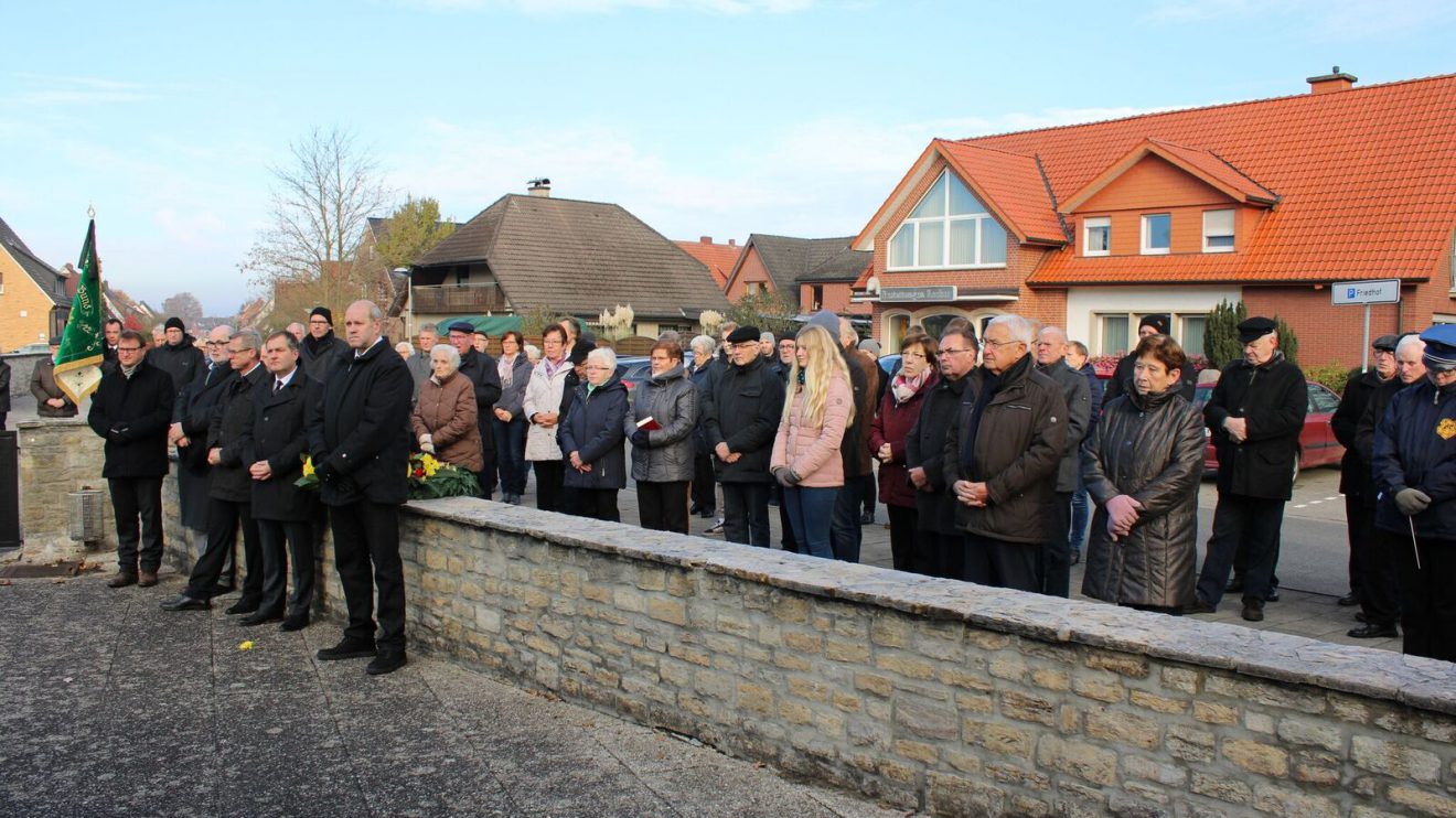 Auch viele Bürger sind zur Gedenkveranstaltung am Ehrenmal auf dem Hollager Friedhof zum Volkstrauertag 2018 erschienen. Foto: Dominik Lapp
