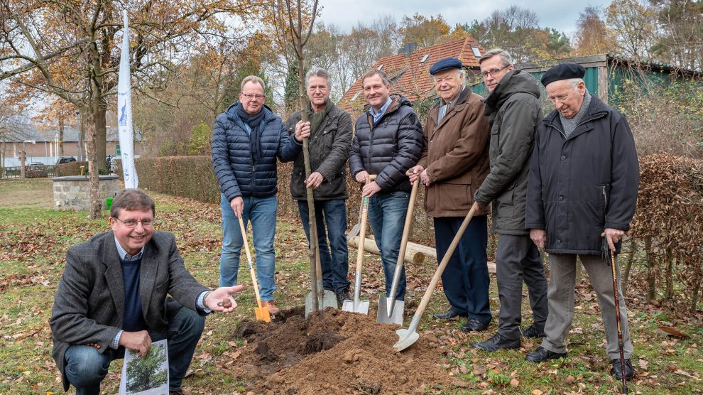 Während Udo Stangier die Früchte präsentiert, pflanzen Stefan Gutendorf, Hubert Pohlmann, Guido Pott, Josef Pott und Bürgermeister Otto Steinkamp unter den fachmännischen Blicken von Prof. Hans Kohstall die Esskastanie am Heimathaus Hollager Hof ein. Foto: Gemeinde Wallenhorst / Thomas Remme