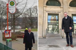 Links: Clemens Lammerskitten MdL an der bisherigen Bushaltestelle „Am Wald-schlößchen“, die noch dieses Jahr mit Wartehalle beidseitig barriere- und be-hindertengerecht ausgebaut wird. Foto: Dennis Schratz. Rechts: SPD-Landtagsabgeordneter Guido Pott: „Das sind gute Nachrichten für unsere Gemeinde, die damit für ihr Vorhaben nun Planungssicherheit erhält.“ Foto: Büro Guido Pott