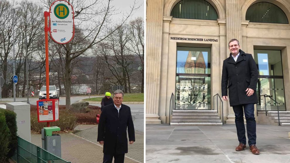 Links: Clemens Lammerskitten MdL an der bisherigen Bushaltestelle „Am Wald-schlößchen“, die noch dieses Jahr mit Wartehalle beidseitig barriere- und be-hindertengerecht ausgebaut wird. Foto: Dennis Schratz. Rechts: SPD-Landtagsabgeordneter Guido Pott: „Das sind gute Nachrichten für unsere Gemeinde, die damit für ihr Vorhaben nun Planungssicherheit erhält.“ Foto: Büro Guido Pott