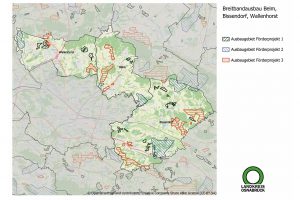 Schnelles Internet in Wallenhorst, Belm und Bissendorf: Die verschiedenen Ausbaugebiete in den drei Gemeinden sind eingezeichnet, Anfragen zu einzelnen Adressen können an die E-Mail-Adresse breitband@Lkos.de gesendet werden. Grafik: Landkreis Osnabrück