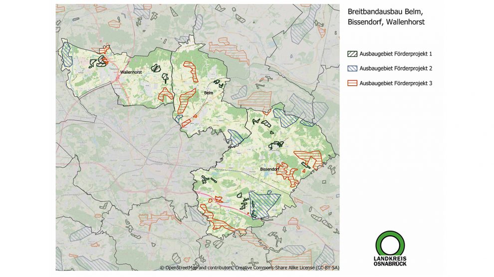 Schnelles Internet in Wallenhorst, Belm und Bissendorf: Die verschiedenen Ausbaugebiete in den drei Gemeinden sind eingezeichnet, Anfragen zu einzelnen Adressen können an die E-Mail-Adresse breitband@Lkos.de gesendet werden. Grafik: Landkreis Osnabrück