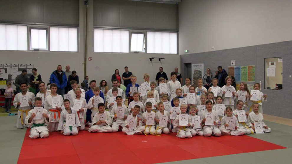 Die 50 Teilnehmer bei den diesjährigen Judo-Vereinsmeisterschaften in Hollage. Foto: Blau-Weiss Hollage