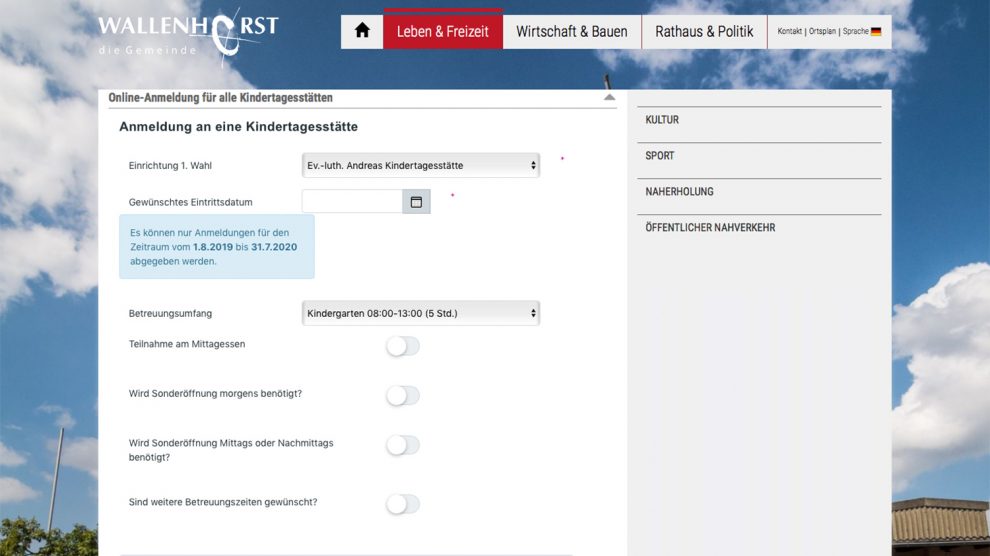 Das Wallenhorster Online-Portal für die Kita-Anmeldung wird am 1. November freigeschaltet. Hier zu sehen ist ein Screenshot aus dem vergangenen Kita-Jahr. Screenshot: Wallenhorster.de / Gemeinde Wallenhorst - Wallenhorst.de