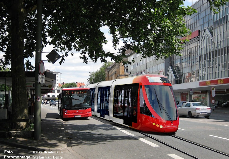 Bündnis 90 / Die Grünen in Wallenhorst unterstützen die Initiative Stadtbahn Osnabrück und schlagen eine Verbindung bis nach Wallenhorst vor. Foto: Heike Brinkmann / Montage: Stefan van Lente