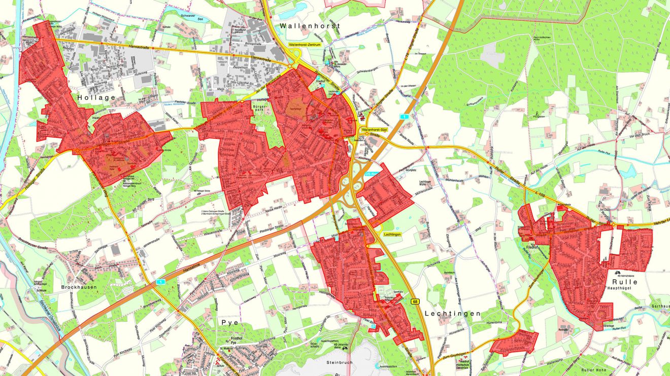 Diese Gebiete werden in den kommenden Monaten durch Glasfaser Nordwest ausgebaut. Karte: Gemeinde Wallenhorst