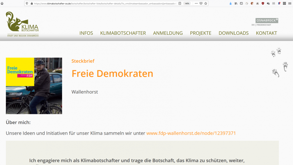 Der Steckbrief der FDP Wallenhorst auf der Seite klimabotschafter-os.de. Screenshot: FDP Wallenhorst