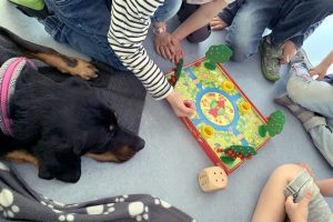 In der hundegestützten Therapie können sowohl sozial-emotionale Schwerpunkte, als auch motorische, kognitive und taktile Förderung oder auch Struktur- und Regelverhalten ein Thema sein. Amy unterstützt hier im Kindergarten. Foto: Daniela Kray