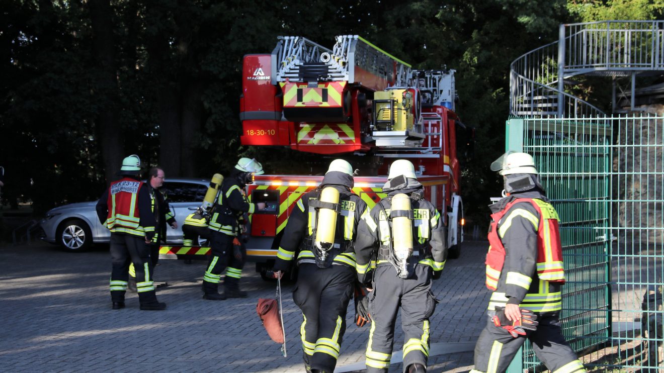 „Feuer nach Explosion in der Hollager Mühle, verletzte und vermisste Personen“ lautete das Einsatzstichwort der gemeinsamen Übung von Feuerwehr, DRK und Rettungshundestaffel am Dienstagabend. Foto: Marc Dallmöller / md-foto.com