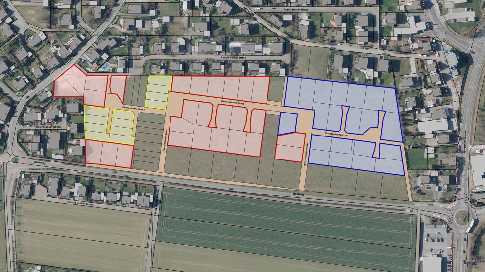 60 Grundstücke stehen im Gebiet „Westlich Stadtweg“ zur Verfügung. Blau dargestellt die Erbbaugrundstücke für Einfamilienhäuser, in Rot die Eigentumsgrundstücke für Einfamilienhäuser und in Gelb die Eigentumsgrundstücke für Doppelhaushälften. Foto: Gemeinde Wallenhorst