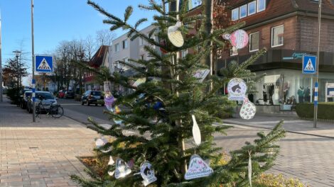 Am Freitag ist der Baum von Daniela Kray und ihren Kids vor Mundt Optik in Wallenhorst fertig geschmückt worden. Foto: Daniela Kray / René Sutthoff