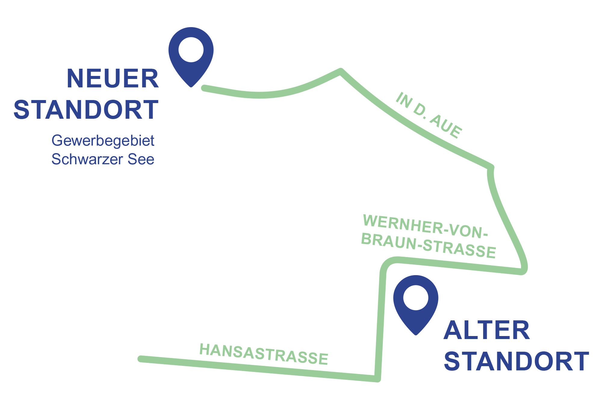 Die Skizze zeigt den Weg vom alten Standort der Grünannahme zum neuen Platz im Gewer-begebiet Schwarzer See. Grafik: Hagenhoff Werbeagentur