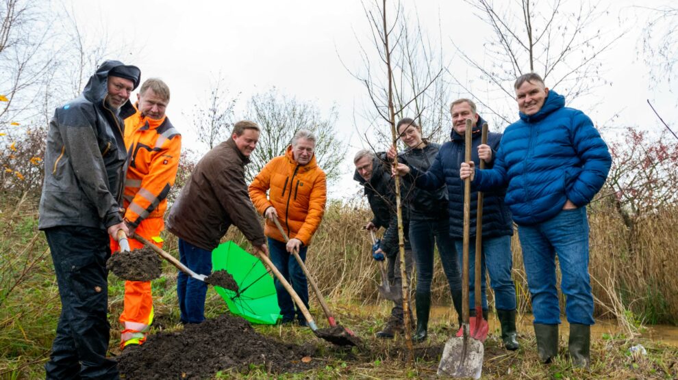 Pflanzen die Moorbirke ein (von links): Rüdiger Schulz, Peter Kruse, Andre Budke, Hubert Pohlmann, Bürgermeister Otto Steinkamp, Isabella Markfort, Guido Pott und André Schwegmann. Foto: André Thöle