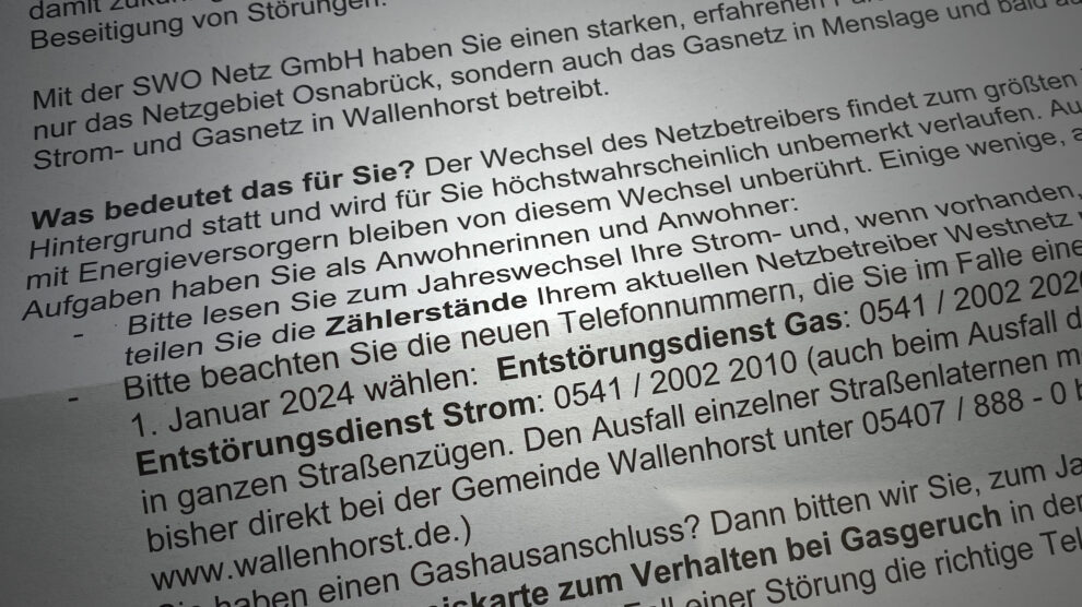 Ausschnitt aus dem aktuellen Kundenanschreiben der SWO Netz für „sämtliche Haushalte der Gemeinde Wallenhorst“. Foto: Wallenhorster.de
