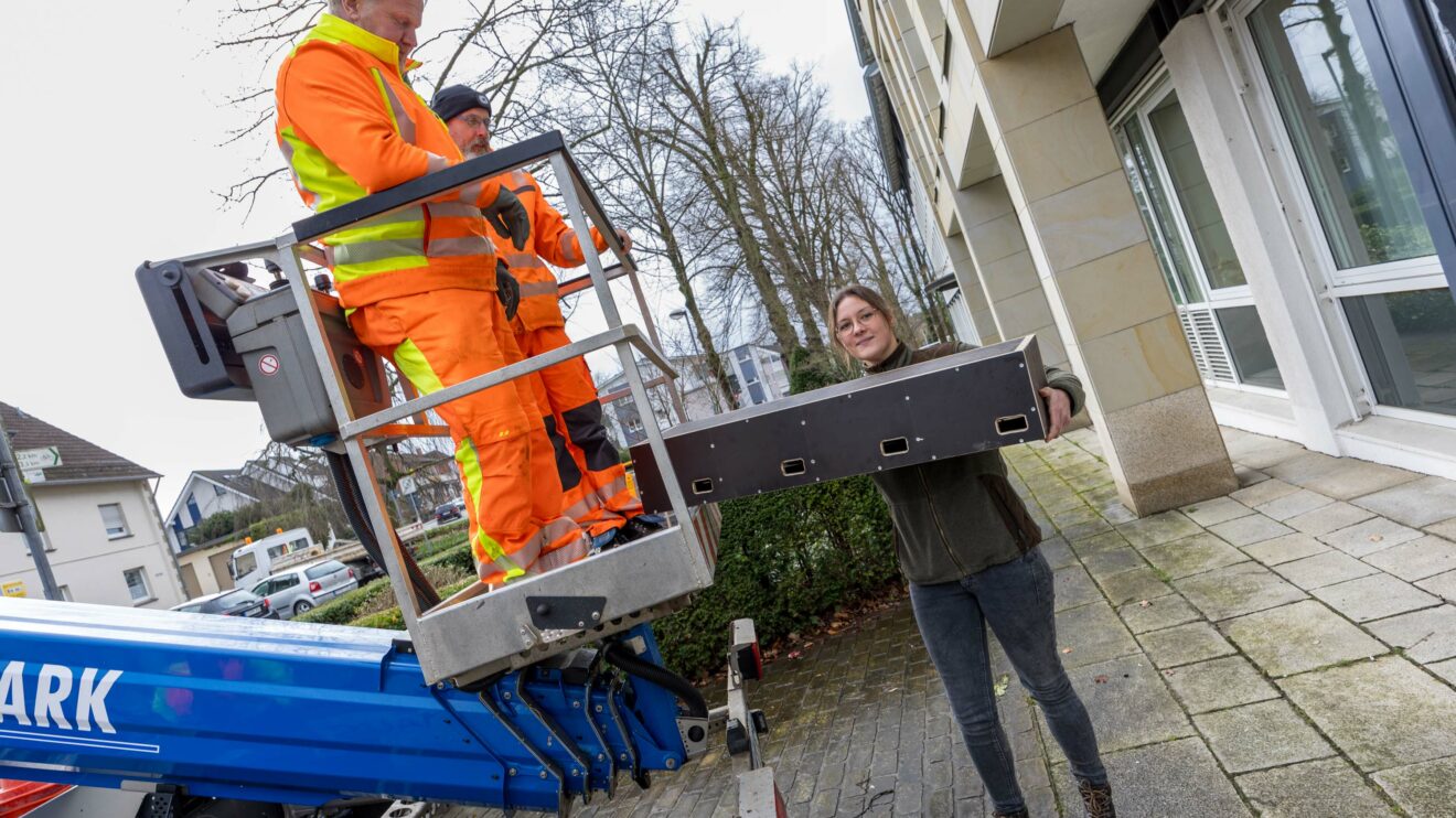 Isabella Markfort und ihre Kollegen vom Baubetriebshof mit dem neuen Mauerseglerkasten am Rathaus. Foto: André Thöle