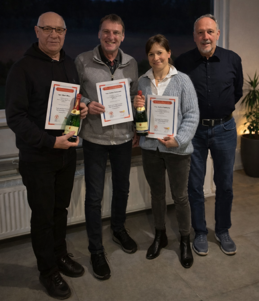 Jürgen Czirpek (re) überreichte unseren Jubilaren Albert Albers, Achim Dieckmann, Andrea Stallkamp ihre Ehrenurkunde. Foto: TSV Wallenhorst - Tennis